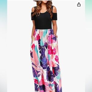 Sundress Maxi Cold Shoulder Long Dress with Pockets Size Large